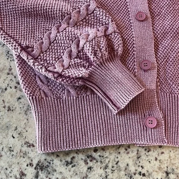 Camellia Cable Knit Cardigan Women Med Mauve Purple Cotton Balloon Sleeve Boho - Picture 9 of 9